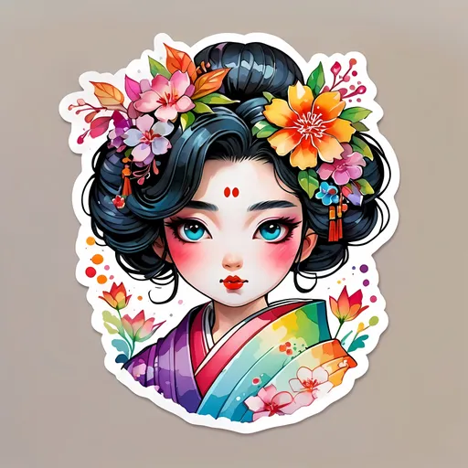Prompt: STICKER, SOLID background, SHARP FOCUS of A Detailed watercolor of cute  geisha, SOLID BACKGROUND< white background, Floral Splash, Rainbow Colors, Redbubble Sticker,Splash In Vibrant Colors, 3D Vector Art, Cute And Quirky, Adobe Illustrator, HandDrawn, Digital Painting, LowPoly, Soft Lighting, Bird'sEye View, Isometric Style, Retro Aesthetic, Focused On The Character, 4K Resolution,