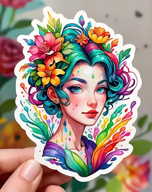 Prompt: STICKER, SOLID background, SHARP FOCUS of A Detailed watercolor A woman with a hairstyle made from fictional artistic mantis, Floral Splash, Rainbow Colors, Redbubble Sticker,Splash In Vibrant Colors, 3D Vector Art, Cute And Quirky, Adobe Illustrator, HandDrawn, Digital Painting, LowPoly, Soft Lighting, Bird'sEye View, Isometric Style, Retro Aesthetic, Focused On The Character, 4K Resolution,