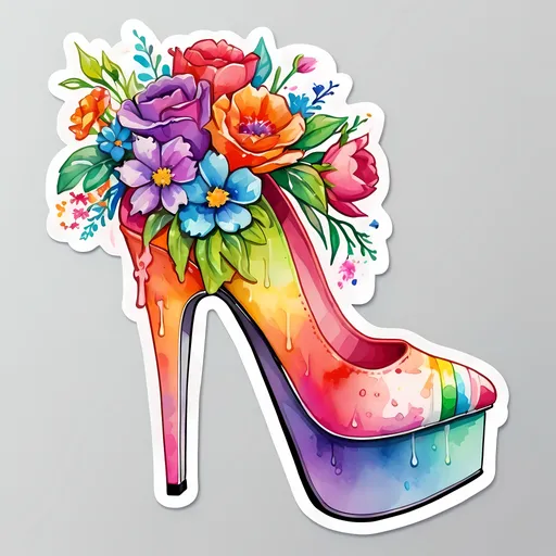 Prompt: STICKER, SOLID background, SHARP FOCUS of A Detailed watercolor cute high heels with flowers coming out of the top ,Floral Splash, Rainbow Colors, Redbubble Sticker,Splash In Vibrant Colors, 3D Vector Art, Cute And Quirky, Adobe Illustrator, HandDrawn, Digital Painting, LowPoly, Soft Lighting, Bird'sEye View, Isometric Style, Retro Aesthetic, Focused On The Character, 4K Resolution,