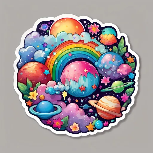 Prompt: STICKER, SOLID background, SHARP FOCUS of A Detailed kawaii of the night sky and planets, Floral Splash, Rainbow Colors, Redbubble Sticker,Splash In Vibrant Colors, 3D Vector Art, Cute And Quirky, Adobe Illustrator, HandDrawn, Digital Painting, LowPoly, Soft Lighting, Bird'sEye View, Isometric Style, Retro Aesthetic, Focused On The Character, 4K Resolution,