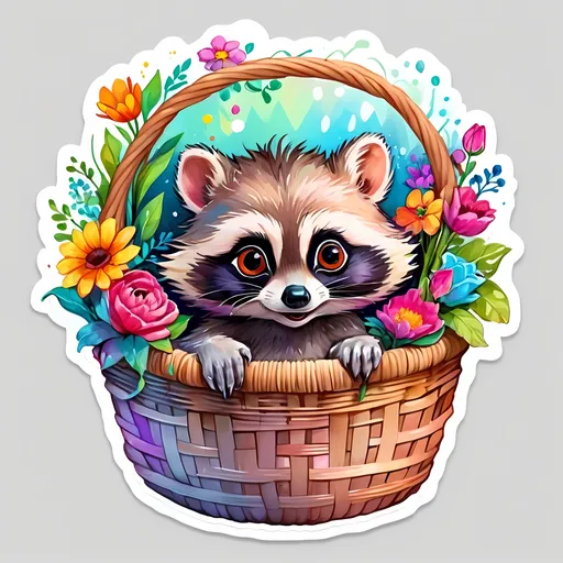 Prompt: STICKER, SOLID background, SHARP FOCUS of A Detailed watercolor cute racoons in a basket, maybe she even has crazy hair like alber einstein, Floral Splash, Rainbow Colors, Redbubble Sticker,Splash In Vibrant Colors, 3D Vector Art, Cute And Quirky, Adobe Illustrator, HandDrawn, Digital Painting, LowPoly, Soft Lighting, Bird'sEye View, Isometric Style, Retro Aesthetic, Focused On The Character, 4K Resolution,