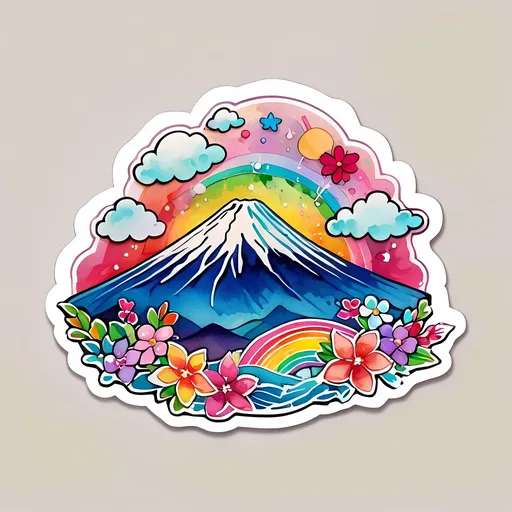 Prompt: STICKER, SOLID background, SHARP FOCUS of A Detailed kawaii watercolor of MT FUJI IN JAPAN, Floral Splash, Rainbow Colors, Redbubble Sticker,Splash In Vibrant Colors, 3D Vector Art, Cute And Quirky, Adobe Illustrator, HandDrawn, Digital Painting, LowPoly, Soft Lighting, Bird'sEye View, Isometric Style, Retro Aesthetic, Focused On The Character, 4K Resolution,