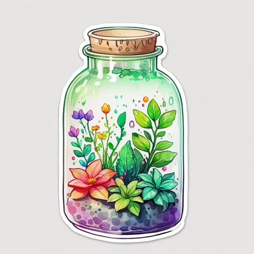 Prompt: STICKER, SOLID background, SHARP FOCUS of A Detailed watercolor of cute chibi magic green plants in a clear glass bottle, SOLID BACKGROUND< white background, Floral Splash, Rainbow Colors, Redbubble Sticker,Splash In Vibrant Colors, 3D Vector Art, Cute And Quirky, Adobe Illustrator, HandDrawn, Digital Painting, LowPoly, Soft Lighting, Bird'sEye View, Isometric Style, Retro Aesthetic, Focused On The Character, 4K Resolution,