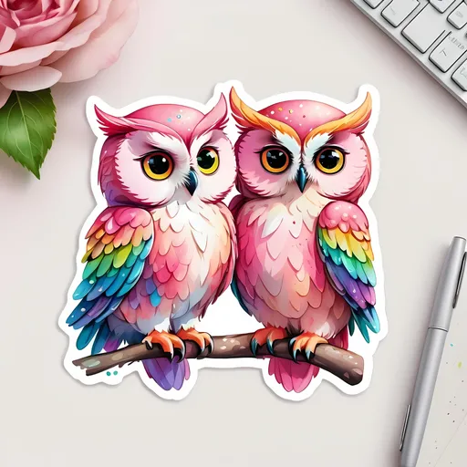 Prompt: STICKER, SOLID background, SHARP FOCUS of A Detailed watercolor cute pink owl couple in love, SOLID BACKGROUND< white background, Floral Splash, Rainbow Colors, Redbubble Sticker,Splash In Vibrant Colors, 3D Vector Art, Cute And Quirky, Adobe Illustrator, HandDrawn, Digital Painting, LowPoly, Soft Lighting, Bird'sEye View, Isometric Style, Retro Aesthetic, Focused On The Character, 4K Resolution,