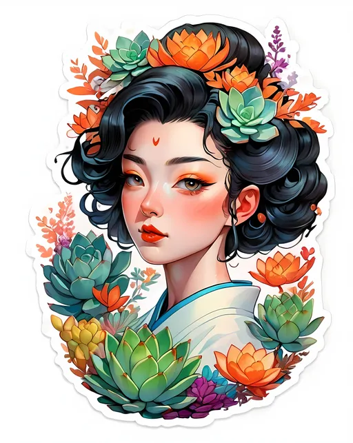 Prompt: STICKER, sticker design, SOLID background, white background, SHARP FOCUS of A Detailed watercolor, RetroBeautiful cute front portrait japanese geisha succulents, big long curly leafs, herbs pastel colors, flowers orange by victo ngai, kilian eng, dynamic lighting, digital art, art by james jean, takato yamamoto, inkpunk minimalism, high resolution 8k, SOLID BACKGROUND< white background, Floral Splash, Rainbow Colors, Redbubble Sticker,Splash In Vibrant Colors, 3D Vector Art, Cute And Quirky, Adobe Illustrator, HandDrawn, Digital Painting, LowPoly, Soft Lighting, Bird'sEye View, Isometric Style, Retro Aesthetic, Focused On The Character, 4K Resolution, STICKER DESIGN SOLID WHITE BACKground 