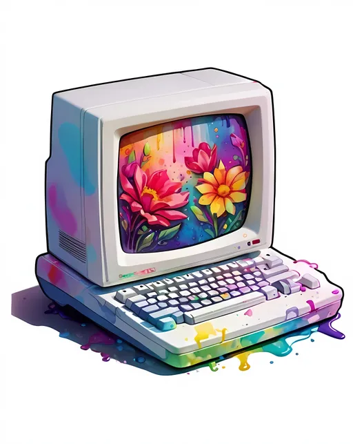 Prompt: STICKER, sticker design, SOLID background, white background, SHARP FOCUS of A Detailed watercolor, Retro macintosh desktop computer , dramatic lighting, shot on leica, dark aestheti,  by Lisa Frank, SOLID BACKGROUND< white background, Floral Splash, Rainbow Colors, Redbubble Sticker,Splash In Vibrant Colors, 3D Vector Art, Cute And Quirky, Adobe Illustrator, HandDrawn, Digital Painting, LowPoly, Soft Lighting, Bird'sEye View, Isometric Style, Retro Aesthetic, Focused On The Character, 4K Resolution, STICKER DESIGN SOLID WHITE BACKground 