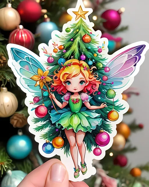 Prompt: STICKER, sticker design, SOLID background, SHARP FOCUS of A Detailed watercolor cute christmas tree fairy with christmas ornaments, SOLID BACKGROUND< white background, Floral Splash, Rainbow Colors, Redbubble Sticker,Splash In Vibrant Colors, 3D Vector Art, Cute And Quirky, Adobe Illustrator, HandDrawn, Digital Painting, LowPoly, Soft Lighting, Bird'sEye View, Isometric Style, Retro Aesthetic, Focused On The Character, 4K Resolution,