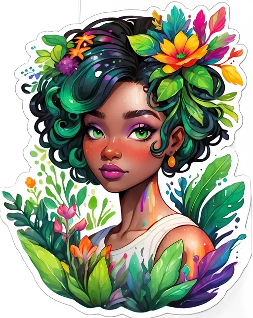 Prompt: STICKER, SOLID background, SHARP FOCUS of A Detailed watercolor A black skinned woman with a hairstyle made from dark green plants, Floral Splash, Rainbow Colors, Redbubble Sticker,Splash In Vibrant Colors, 3D Vector Art, Cute And Quirky, Adobe Illustrator, HandDrawn, Digital Painting, LowPoly, Soft Lighting, Bird'sEye View, Isometric Style, Retro Aesthetic, Focused On The Character, 4K Resolution,