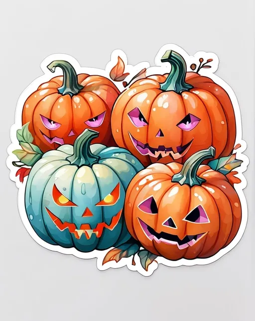 Prompt: STICKER, sticker deisgn, SOLID background, SHARP FOCUS of A Detailed watercolor Several orange scary pumpkins on a white background
 SOLID BACKGROUND< white background, SOLID BACKGROUND,  Floral Splash, Rainbow Colors, Redbubble Sticker,Splash In Vibrant Colors, 3D Vector Art, Cute And Quirky, Adobe Illustrator, HandDrawn, Digital Painting, LowPoly, Soft Lighting, Bird'sEye View, Isometric Style, Retro Aesthetic, Focused On The Character, 4K Resolution,