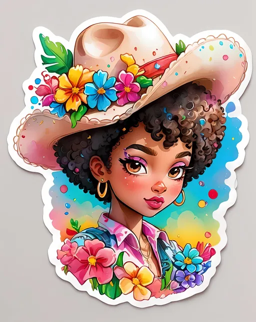 Prompt: STICKER, SOLID background, SHARP FOCUS of A Detailed kawaii watercolor of afro cowgirl in a cowgirl hat , Floral Splash, Rainbow Colors, Redbubble Sticker,Splash In Vibrant Colors, 3D Vector Art, Cute And Quirky, Adobe Illustrator, HandDrawn, Digital Painting, LowPoly, Soft Lighting, Bird'sEye View, Isometric Style, Retro Aesthetic, Focused On The Character, 4K Resolution,