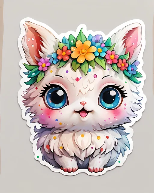 Prompt: STICKER, SOLID background, sticker design, SHARP FOCUS of A Detailed watercolor of kawaii Woolhorn: appearance: a small creature with fluffy white fur dotted with bright colored dots. he has large, shiny eyes that change color depending on his mood. the ears resemble flower petals.
 SOLID BACKGROUND< white background, Floral Splash, Rainbow Colors, Redbubble Sticker,Splash In Vibrant Colors, 3D Vector Art, Cute And Quirky, Adobe Illustrator, HandDrawn, Digital Painting, LowPoly, Soft Lighting, Bird'sEye View, Isometric Style, Retro Aesthetic, Focused On The Character, 4K Resolution,