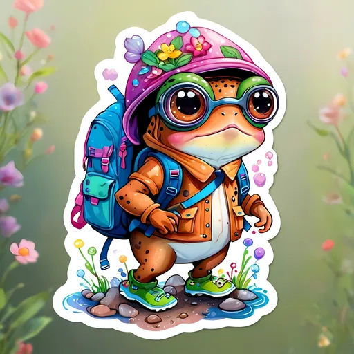 Prompt: STICKER, SOLID background, SHARP FOCUS of A Detailed watercolor of a cute kawaii brown frog wearing a hiking back pack ,  Floral Splash, Rainbow Colors, Redbubble Sticker,Splash In Vibrant Colors, 3D Vector Art, Cute And Quirky, Adobe Illustrator, HandDrawn, Digital Painting, LowPoly, Soft Lighting, Bird'sEye View, Isometric Style, Retro Aesthetic, Focused On The Character, 4K Resolution,