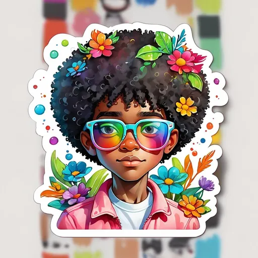 Prompt: STICKER, SOLID background, SHARP FOCUS of A Detailed watercolor cute of a cute caricatures black skinned afro boy wearing cool glasses, is SOLID BACKGROUND< white background, Floral Splash, Rainbow Colors, Redbubble Sticker,Splash In Vibrant Colors, 3D Vector Art, Cute And Quirky, Adobe Illustrator, HandDrawn, Digital Painting, LowPoly, Soft Lighting, Bird'sEye View, Isometric Style, Retro Aesthetic, Focused On The Character, 4K Resolution,