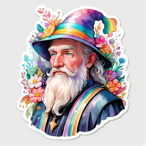 Prompt: STICKER, sticker design, SOLID background, SHARP FOCUS of A Detailed watercolor Dreamy pastel portrait, wizard, ethereal atmosphere, soft focus, SOLID BACKGROUND< white background, Floral Splash, Rainbow Colors, Redbubble Sticker,Splash In Vibrant Colors, 3D Vector Art, Cute And Quirky, Adobe Illustrator, HandDrawn, Digital Painting, LowPoly, Soft Lighting, Bird'sEye View, Isometric Style, Retro Aesthetic, Focused On The Character, 4K Resolution,