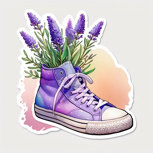 Prompt: STICKER, SOLID background, SHARP FOCUS of A Detailed watercolor of boquet of lavander plants in a pair of high top shoes, SOLID BACKGROUND< white background, Floral Splash, Rainbow Colors, Redbubble Sticker,Splash In Vibrant Colors, 3D Vector Art, Cute And Quirky, Adobe Illustrator, HandDrawn, Digital Painting, LowPoly, Soft Lighting, Bird'sEye View, Isometric Style, Retro Aesthetic, Focused On The Character, 4K Resolution,