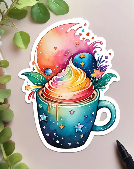 Prompt: STICKER, SOLID background, SHARP FOCUS of A Detailed watercolor of cute  stars and planets in a coffee cup, SOLID BACKGROUND< white background, Floral Splash, Rainbow Colors, Redbubble Sticker,Splash In Vibrant Colors, 3D Vector Art, Cute And Quirky, Adobe Illustrator, HandDrawn, Digital Painting, LowPoly, Soft Lighting, Bird'sEye View, Isometric Style, Retro Aesthetic, Focused On The Character, 4K Resolution,