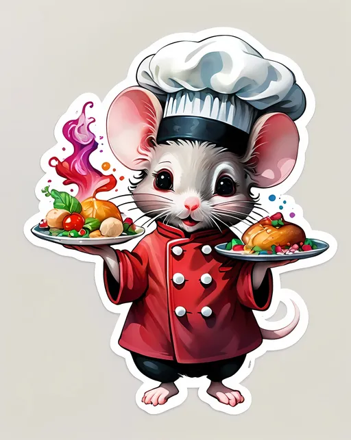 Prompt: STICKER, SOLID background, SHARP FOCUS of A Detailed watercolor Cute and super adorable mouse in black and red chef coat and chef hat, holding a steaming entree.,Floral Splash, Rainbow Colors, Redbubble Sticker,Splash In Vibrant Colors, 3D Vector Art, Cute And Quirky, Adobe Illustrator, HandDrawn, Digital Painting, LowPoly, Soft Lighting, Bird'sEye View, Isometric Style, Retro Aesthetic, Focused On The Character, 4K Resolution,