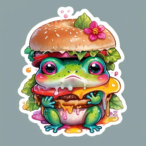 Prompt: STICKER, SOLID background, SHARP FOCUS of A Detailed kawaii watercolor of a Cute TINY FROG EATING.A JUICY BURGER, Floral Splash, Rainbow Colors, Redbubble Sticker,Splash In Vibrant Colors, 3D Vector Art, Cute And Quirky, Adobe Illustrator, HandDrawn, Digital Painting, LowPoly, Soft Lighting, Bird'sEye View, Isometric Style, Retro Aesthetic, Focused On The Character, 4K Resolution,