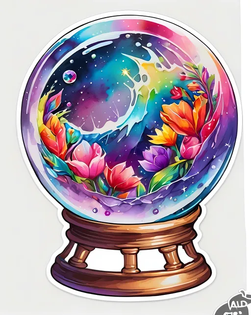 Prompt: STICKER, SOLID background, SHARP FOCUS of A Detailed watercolor of the galaxy in a crystal ball, SOLID BACKGROUND< white background, Floral Splash, Rainbow Colors, Redbubble Sticker,Splash In Vibrant Colors, 3D Vector Art, Cute And Quirky, Adobe Illustrator, HandDrawn, Digital Painting, LowPoly, Soft Lighting, Bird'sEye View, Isometric Style, Retro Aesthetic, Focused On The Character, 4K Resolution,