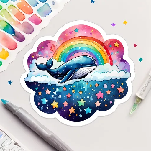 Prompt: STICKER, SOLID background, SHARP FOCUS of A Detailed watercolor cute of whale sleeping on a cloud in the night sky with stars , is SOLID BACKGROUND< white background, Floral Splash, Rainbow Colors, Redbubble Sticker,Splash In Vibrant Colors, 3D Vector Art, Cute And Quirky, Adobe Illustrator, HandDrawn, Digital Painting, LowPoly, Soft Lighting, Bird'sEye View, Isometric Style, Retro Aesthetic, Focused On The Character, 4K Resolution,