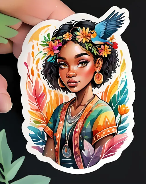 Prompt: STICKER, SOLID background, SHARP FOCUS of A Detailed watercolor cute Boho chic wanderer black woman, bohemianinspired clothing and accessories, free-spirited and artistic, golden hour lighting — t-shirt design graphic, vector, contour, black background, is SOLID BACKGROUND< white background, Floral Splash, Rainbow Colors, Redbubble Sticker,Splash In Vibrant Colors, 3D Vector Art, Cute And Quirky, Adobe Illustrator, HandDrawn, Digital Painting, LowPoly, Soft Lighting, Bird'sEye View, Isometric Style, Retro Aesthetic, Focused On The Character, 4K Resolution,