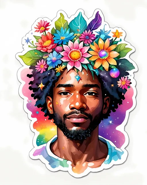 Prompt: STICKER, sticker design, SOLID background, SHARP FOCUS of A Detailed watercolor cute Abstract hippy black man, with universe coming out of his crown chakra, rainbow colours, flowers everywhere, stars and space, SOLID BACKGROUND< white background, Floral Splash, Rainbow Colors, Redbubble Sticker,Splash In Vibrant Colors, 3D Vector Art, Cute And Quirky, Adobe Illustrator, HandDrawn, Digital Painting, LowPoly, Soft Lighting, Bird'sEye View, Isometric Style, Retro Aesthetic, Focused On The Character, 4K Resolution,