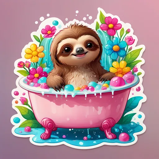 Prompt: STICKER, SOLID background, SHARP FOCUS of A Detailed kawaii of a cute sloth in a pink vintage bathtub with lots of foam and bubbles, Floral Splash, Rainbow Colors, Redbubble Sticker,Splash In Vibrant Colors, 3D Vector Art, Cute And Quirky, Adobe Illustrator, HandDrawn, Digital Painting, LowPoly, Soft Lighting, Bird'sEye View, Isometric Style, Retro Aesthetic, Focused On The Character, 4K Resolution,