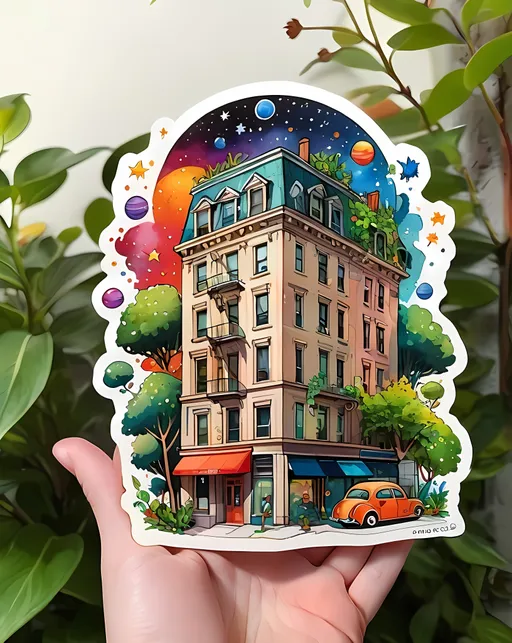 Prompt: STICKER, sticker deisgn, SOLID background, SHARP FOCUS of A Detailed watercolor Detailed, vibrant illustration of a nyc building full of plants floating in space, lots of stars and planets, trees, by herge, in the style of tin-tin comics, vibrant colors, detailed, lots of people, sunny day, beautiful illustration 
 SOLID BACKGROUND< white background, SOLID BACKGROUND,  Floral Splash, Rainbow Colors, Redbubble Sticker,Splash In Vibrant Colors, 3D Vector Art, Cute And Quirky, Adobe Illustrator, HandDrawn, Digital Painting, LowPoly, Soft Lighting, Bird'sEye View, Isometric Style, Retro Aesthetic, Focused On The Character, 4K Resolution,