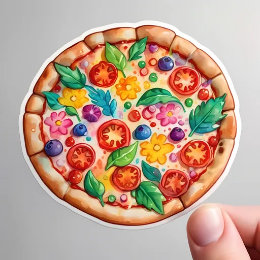 Prompt: STICKER, SOLID background, SHARP FOCUS of A Detailed watercolor cute whole pizza,Floral Splash, Rainbow Colors, Redbubble Sticker,Splash In Vibrant Colors, 3D Vector Art, Cute And Quirky, Adobe Illustrator, HandDrawn, Digital Painting, LowPoly, Soft Lighting, Bird'sEye View, Isometric Style, Retro Aesthetic, Focused On The Character, 4K Resolution,