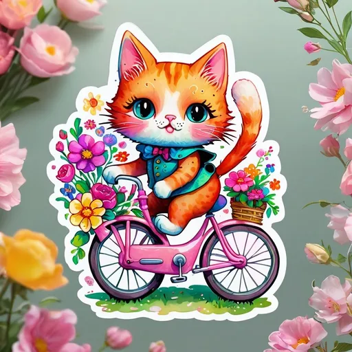 Prompt: STICKER, SOLID background, SHARP FOCUS of A Detailed kawaii watercolor of a Cute CAT RIDING  A PINK VINTAGE BICYCLE, Floral Splash, Rainbow Colors, Redbubble Sticker,Splash In Vibrant Colors, 3D Vector Art, Cute And Quirky, Adobe Illustrator, HandDrawn, Digital Painting, LowPoly, Soft Lighting, Bird'sEye View, Isometric Style, Retro Aesthetic, Focused On The Character, 4K Resolution,