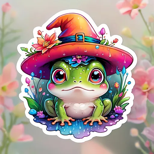 Prompt: STICKER, SOLID background, SHARP FOCUS of A Detailed kawaii watercolor of a Cute TINY FROG WEARING A WITCH HAT, Floral Splash, Rainbow Colors, Redbubble Sticker,Splash In Vibrant Colors, 3D Vector Art, Cute And Quirky, Adobe Illustrator, HandDrawn, Digital Painting, LowPoly, Soft Lighting, Bird'sEye View, Isometric Style, Retro Aesthetic, Focused On The Character, 4K Resolution,