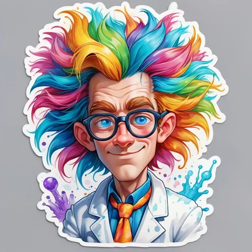 Prompt: STICKER, SOLID background, SHARP FOCUS of A Detailed watercolor of a crazy hair scientist with large blue eyes, crazy hair like albert eintein, SOLID BACKGROUND< white background, Floral Splash, Rainbow Colors, Redbubble Sticker,Splash In Vibrant Colors, 3D Vector Art, Cute And Quirky, Adobe Illustrator, HandDrawn, Digital Painting, LowPoly, Soft Lighting, Bird'sEye View, Isometric Style, Retro Aesthetic, Focused On The Character, 4K Resolution,