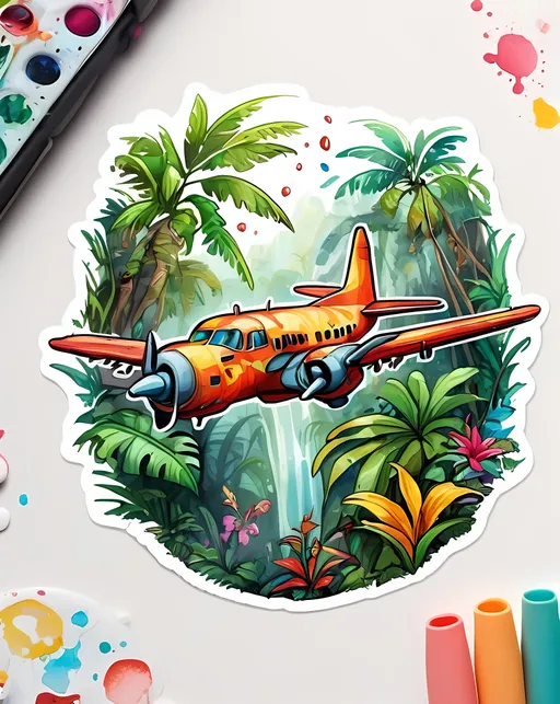 Prompt: STICKER, sticker design, SOLID background, WHITE BACKGROUND, SHARP FOCUS of A Detailed watercolor Tee shirt design A plane crashed in the jungle.

Redbubble Sticker,Splash In Vibrant Colors, 3D Vector Art, Cute And Quirky, Adobe Illustrator, HandDrawn, Digital Painting, LowPoly, Soft Lighting, Bird'sEye View, Isometric Style, Retro Aesthetic, Focused On The Character, 4K Resolution,