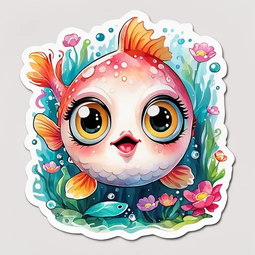 Prompt: STICKER, SOLID background, SHARP FOCUS of A Detailed watercolor of cute chibi happy fish with very large googly eyes, SOLID BACKGROUND< white background, Floral Splash, Rainbow Colors, Redbubble Sticker,Splash In Vibrant Colors, 3D Vector Art, Cute And Quirky, Adobe Illustrator, HandDrawn, Digital Painting, LowPoly, Soft Lighting, Bird'sEye View, Isometric Style, Retro Aesthetic, Focused On The Character, 4K Resolution,
