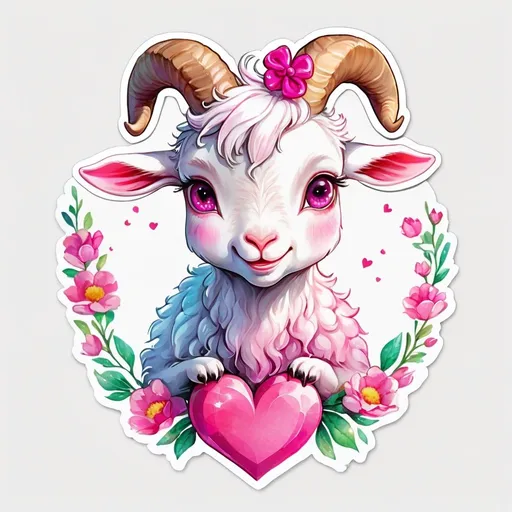 Prompt: STICKER, SOLID background, SHARP FOCUS of A Detailed watercolor of cute goat sitting down with a bow on top of head with bright big pink eyes and holding a beautiful pink sparkly heart, SOLID BACKGROUND< white background, Floral Splash, Rainbow Colors, Redbubble Sticker,Splash In Vibrant Colors, 3D Vector Art, Cute And Quirky, Adobe Illustrator, HandDrawn, Digital Painting, LowPoly, Soft Lighting, Bird'sEye View, Isometric Style, Retro Aesthetic, Focused On The Character, 4K Resolution,