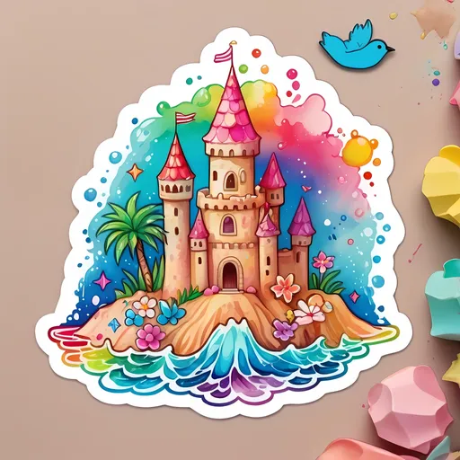 Prompt: STICKER, SOLID background, SHARP FOCUS of A Detailed kawaii watercolor of a Cute SANDCASTLE, Floral Splash, Rainbow Colors, Redbubble Sticker,Splash In Vibrant Colors, 3D Vector Art, Cute And Quirky, Adobe Illustrator, HandDrawn, Digital Painting, LowPoly, Soft Lighting, Bird'sEye View, Isometric Style, Retro Aesthetic, Focused On The Character, 4K Resolution,