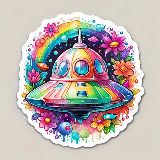 Prompt: STICKER, SOLID background, SHARP FOCUS of A Detailed watercolor cute alien space ship , Floral Splash, Rainbow Colors, Redbubble Sticker,Splash In Vibrant Colors, 3D Vector Art, Cute And Quirky, Adobe Illustrator, HandDrawn, Digital Painting, LowPoly, Soft Lighting, Bird'sEye View, Isometric Style, Retro Aesthetic, Focused On The Character, 4K Resolution,