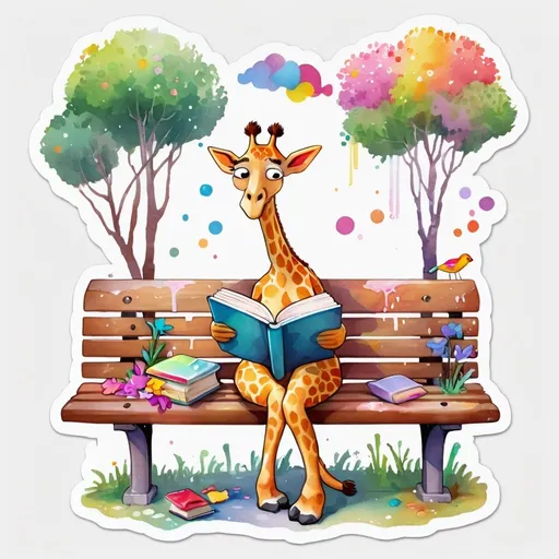 Prompt: STICKER, SOLID background, SHARP FOCUS of A Detailed watercolor cute lonely girrafe reading a book on a bench, SOLID BACKGROUND< white background, Floral Splash, Rainbow Colors, Redbubble Sticker,Splash In Vibrant Colors, 3D Vector Art, Cute And Quirky, Adobe Illustrator, HandDrawn, Digital Painting, LowPoly, Soft Lighting, Bird'sEye View, Isometric Style, Retro Aesthetic, Focused On The Character, 4K Resolution,