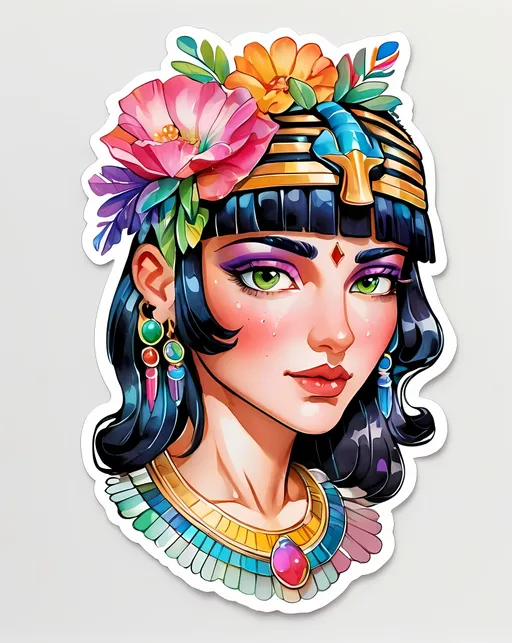 Prompt: STICKER, SOLID background, SHARP FOCUS of A Detailed watercolor of cleopatra with a soft smirk, shot on portra 400.

 SOLID BACKGROUND< white background, Floral Splash, Rainbow Colors, Redbubble Sticker,Splash In Vibrant Colors, 3D Vector Art, Cute And Quirky, Adobe Illustrator, HandDrawn, Digital Painting, LowPoly, Soft Lighting, Bird'sEye View, Isometric Style, Retro Aesthetic, Focused On The Character, 4K Resolution,