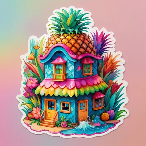 Prompt: STICKER, SOLID background, SHARP FOCUS of A Detailed kawaii An intricate HOUSE SHAPED LIKE PINEAPPLE made of psychedelic , Floral Splash, Rainbow Colors, Redbubble Sticker,Splash In Vibrant Colors, 3D Vector Art, Cute And Quirky, Adobe Illustrator, HandDrawn, Digital Painting, LowPoly, Soft Lighting, Bird'sEye View, Isometric Style, Retro Aesthetic, Focused On The Character, 4K Resolution,