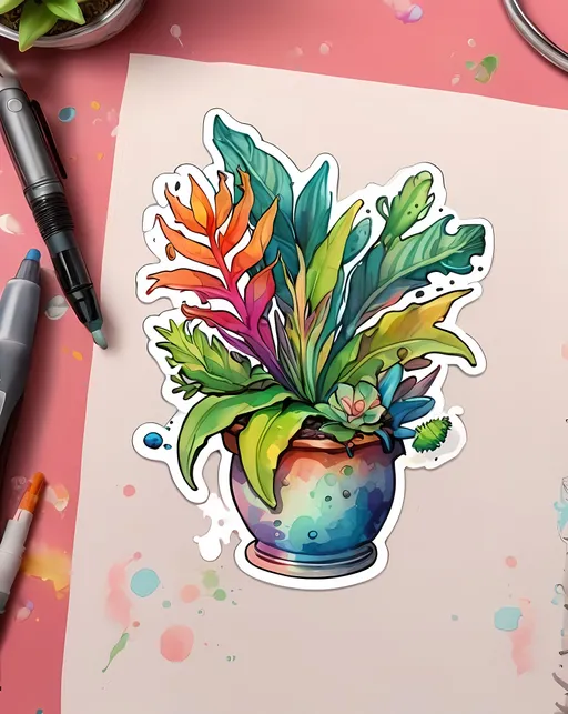 Prompt: STICKER, sticker design, SOLID background, SHARP FOCUS of A Detailed watercolor Tee shirt design information sheet with different weird fantasy plants. messy, colored ink, Redbubble Sticker,Splash In Vibrant Colors, 3D Vector Art, Cute And Quirky, Adobe Illustrator, HandDrawn, Digital Painting, LowPoly, Soft Lighting, Bird'sEye View, Isometric Style, Retro Aesthetic, Focused On The Character, 4K Resolution,