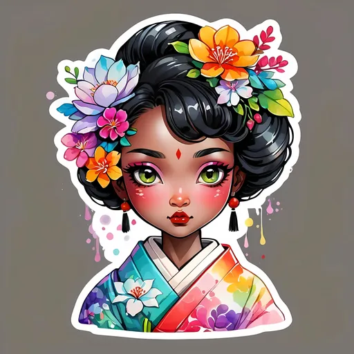 Prompt: STICKER, SOLID background, SHARP FOCUS of A Detailed watercolor of cute  black skinned geisha, SOLID BACKGROUND< white background, Floral Splash, Rainbow Colors, Redbubble Sticker,Splash In Vibrant Colors, 3D Vector Art, Cute And Quirky, Adobe Illustrator, HandDrawn, Digital Painting, LowPoly, Soft Lighting, Bird'sEye View, Isometric Style, Retro Aesthetic, Focused On The Character, 4K Resolution,