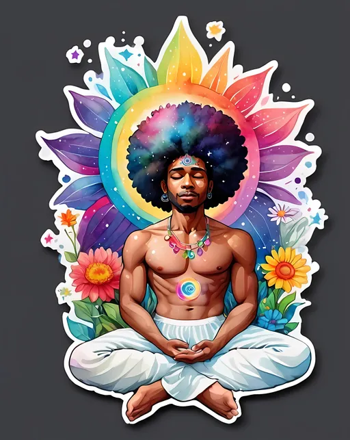 Prompt: STICKER, sticker design, SOLID background, SHARP FOCUS of A Detailed watercolor cute Abstract hippy black man, mediatating full body, with universe coming out of his crown chakra, rainbow colours, flowers everywhere, stars and space, SOLID BACKGROUND< white background, Floral Splash, Rainbow Colors, Redbubble Sticker,Splash In Vibrant Colors, 3D Vector Art, Cute And Quirky, Adobe Illustrator, HandDrawn, Digital Painting, LowPoly, Soft Lighting, Bird'sEye View, Isometric Style, Retro Aesthetic, Focused On The Character, 4K Resolution,