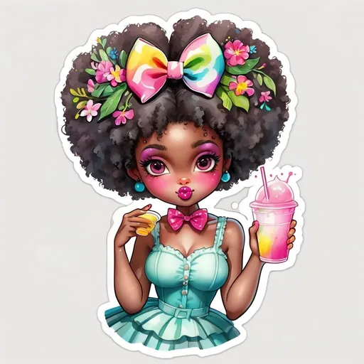 Prompt: STICKER, SOLID background, SHARP FOCUS of A Detailed watercolor of cute afro black skinned pin up doll with a pink bow on top of her head, she is drinking a slurpie SOLID BACKGROUND< white background, Floral Splash, Rainbow Colors, Redbubble Sticker,Splash In Vibrant Colors, 3D Vector Art, Cute And Quirky, Adobe Illustrator, HandDrawn, Digital Painting, LowPoly, Soft Lighting, Bird'sEye View, Isometric Style, Retro Aesthetic, Focused On The Character, 4K Resolution,