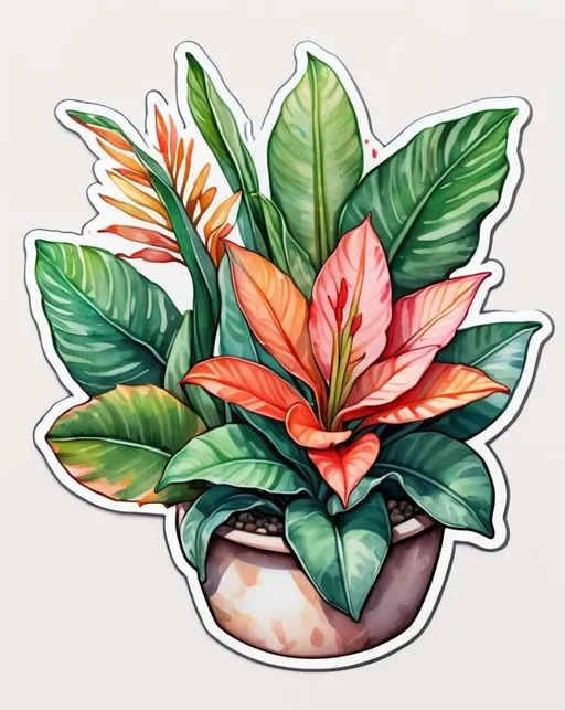 Prompt: STICKER, sticker design, SOLID background, SHARP FOCUS of A Detailed watercolor Tee shirt design Pattern of large subtropical leaves and tropical plants and watercolor Sansevieria flower, photorealistic with intense warm tones, 8k high resolution, Redbubble Sticker,Splash In Vibrant Colors, 3D Vector Art, Cute And Quirky, Adobe Illustrator, HandDrawn, Digital Painting, LowPoly, Soft Lighting, Bird'sEye View, Isometric Style, Retro Aesthetic, Focused On The Character, 4K Resolution,