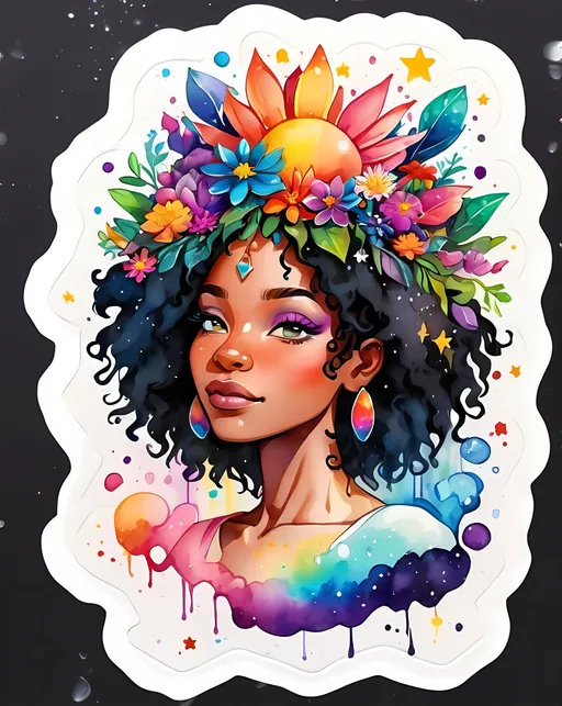 Prompt: STICKER, sticker design, SOLID background, SHARP FOCUS of A Detailed watercolor cute Abstract hippy black woman, with universe coming out of his crown chakra, rainbow colours, flowers everywhere, stars and space, SOLID BACKGROUND< white background, Floral Splash, Rainbow Colors, Redbubble Sticker,Splash In Vibrant Colors, 3D Vector Art, Cute And Quirky, Adobe Illustrator, HandDrawn, Digital Painting, LowPoly, Soft Lighting, Bird'sEye View, Isometric Style, Retro Aesthetic, Focused On The Character, 4K Resolution,