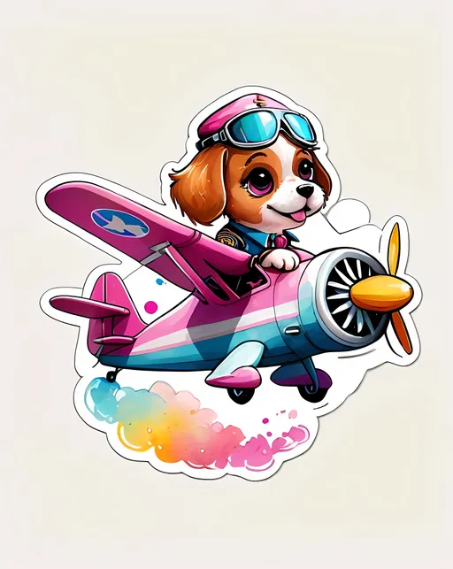 Prompt: STICKER, SOLID background, SHARP FOCUS of A Detailed watercolor cute of puppy pilot flying a pink vintage style airplane , is SOLID BACKGROUND< white background, Floral Splash, Rainbow Colors, Redbubble Sticker,Splash In Vibrant Colors, 3D Vector Art, Cute And Quirky, Adobe Illustrator, HandDrawn, Digital Painting, LowPoly, Soft Lighting, Bird'sEye View, Isometric Style, Retro Aesthetic, Focused On The Character, 4K Resolution,