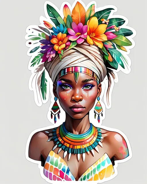 Prompt: STICKER, SOLID background, SHARP FOCUS of A Detailed watercolor FULL Portrait of a stunningly beautiful african tribal female, depth of field, zeiss lens, detailed, symmetrical, black DARK SKINNED 

 SOLID BACKGROUND< white background, Floral Splash, Rainbow Colors, Redbubble Sticker,Splash In Vibrant Colors, 3D Vector Art, Cute And Quirky, Adobe Illustrator, HandDrawn, Digital Painting, LowPoly, Soft Lighting, Bird'sEye View, Isometric Style, Retro Aesthetic, Focused On The Character, 4K Resolution,