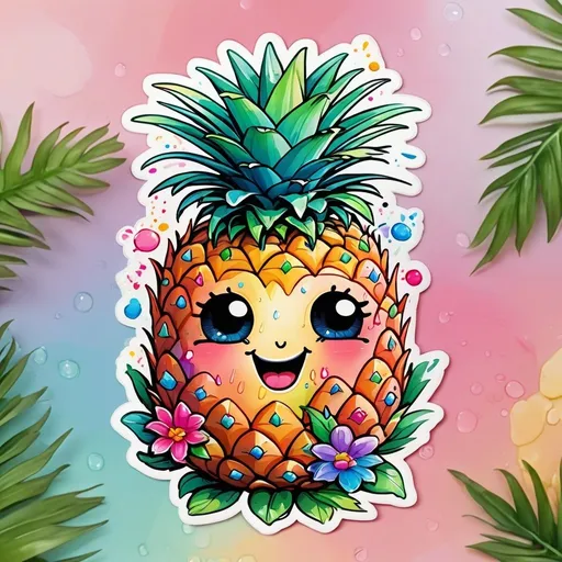Prompt: STICKER, SOLID background, SHARP FOCUS of A Detailed kawaii watercolor of a Cute PINEAPPLE SMILEING, Floral Splash, Rainbow Colors, Redbubble Sticker,Splash In Vibrant Colors, 3D Vector Art, Cute And Quirky, Adobe Illustrator, HandDrawn, Digital Painting, LowPoly, Soft Lighting, Bird'sEye View, Isometric Style, Retro Aesthetic, Focused On The Character, 4K Resolution,