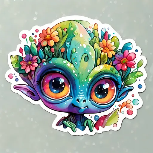 Prompt: STICKER, SOLID background, SHARP FOCUS of A Detailed watercolor of cute ALIEN WITH A BIG HEAD AND BIG EYES, Floral Splash, Rainbow Colors, Redbubble Sticker,Splash In Vibrant Colors, 3D Vector Art, Cute And Quirky, Adobe Illustrator, HandDrawn, Digital Painting, LowPoly, Soft Lighting, Bird'sEye View, Isometric Style, Retro Aesthetic, Focused On The Character, 4K Resolution,